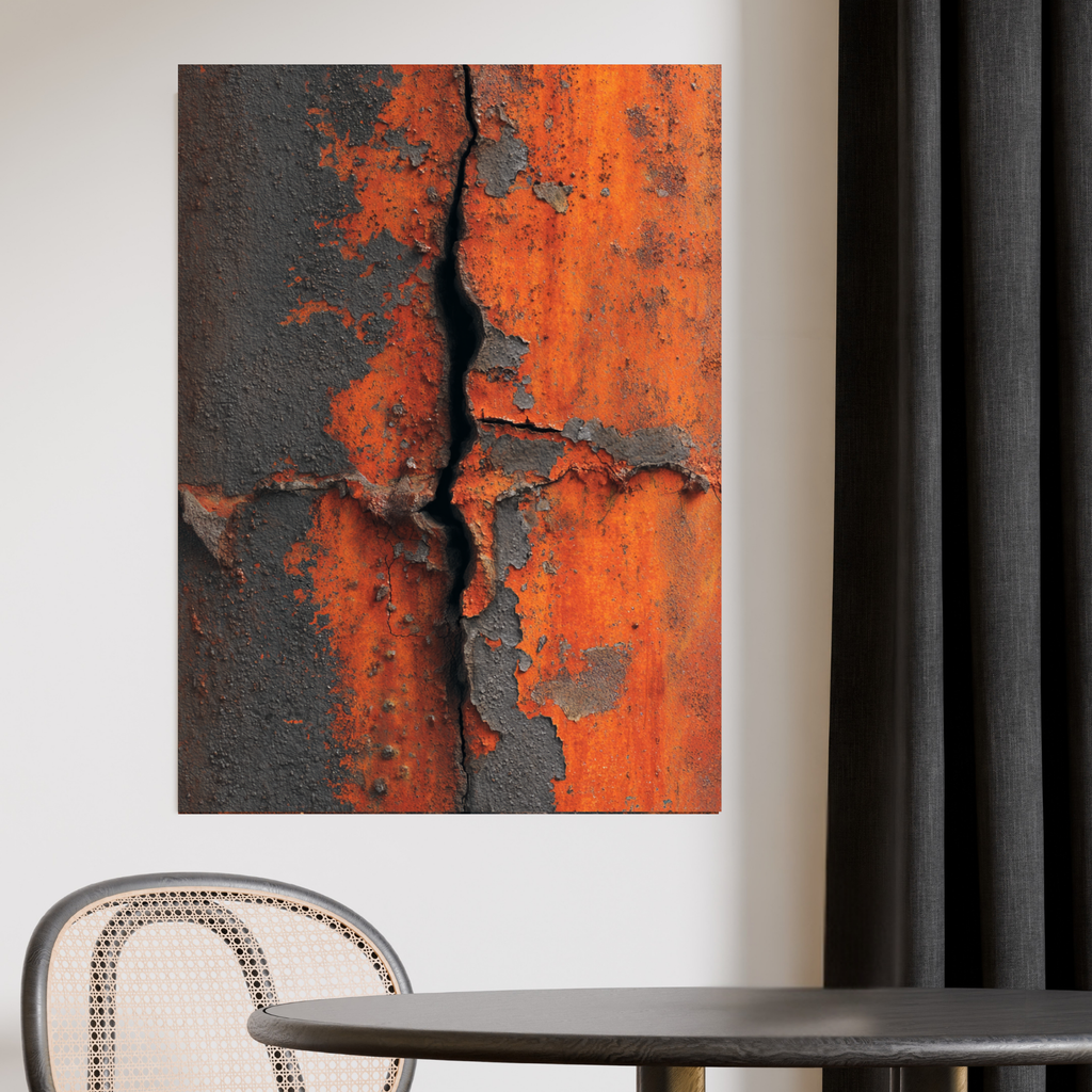 Burnt Rust Vertical Crack Canvas Art – Industrial Metal Wall Decor – Textured Modern Loft Artwork