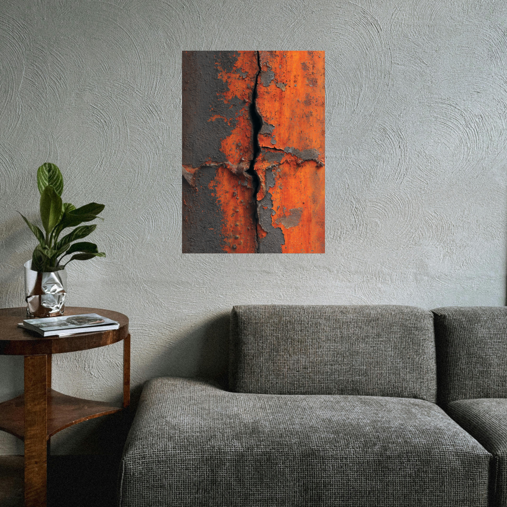 Burnt Rust Vertical Crack Canvas Art – Industrial Metal Wall Decor – Textured Modern Loft Artwork