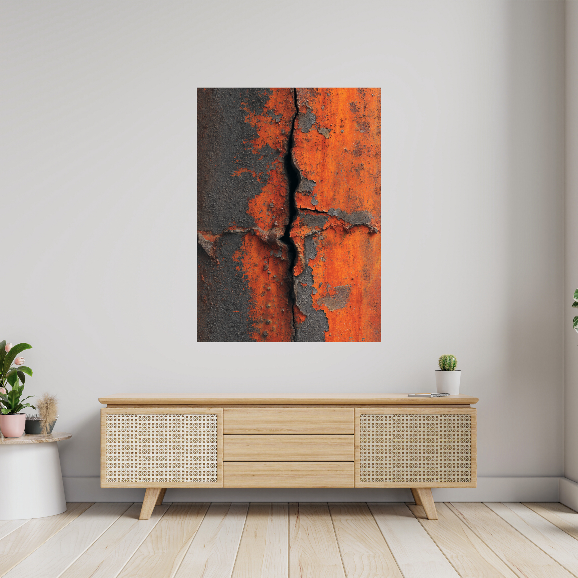 Burnt Rust Vertical Crack Canvas Art – Industrial Metal Wall Decor – Textured Modern Loft Artwork