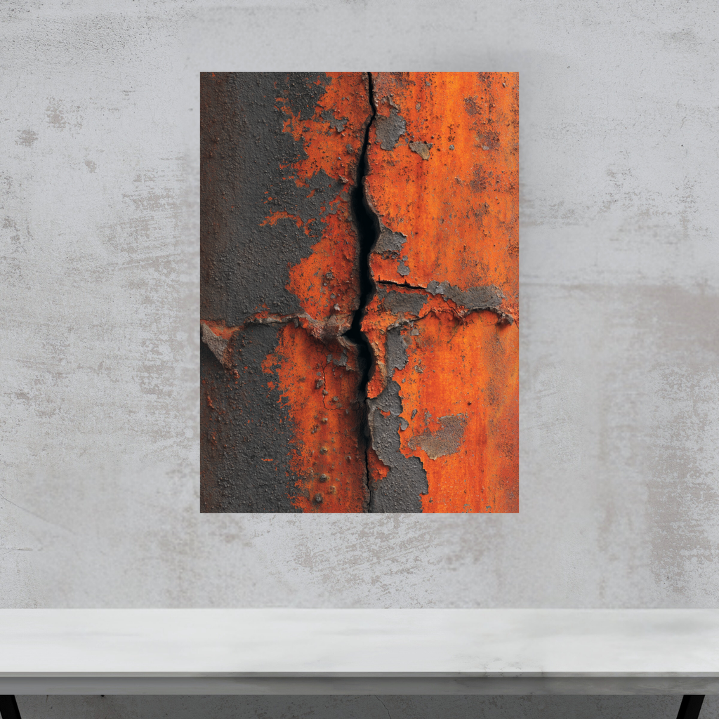 Burnt Rust Vertical Crack Canvas Art – Industrial Metal Wall Decor – Textured Modern Loft Artwork