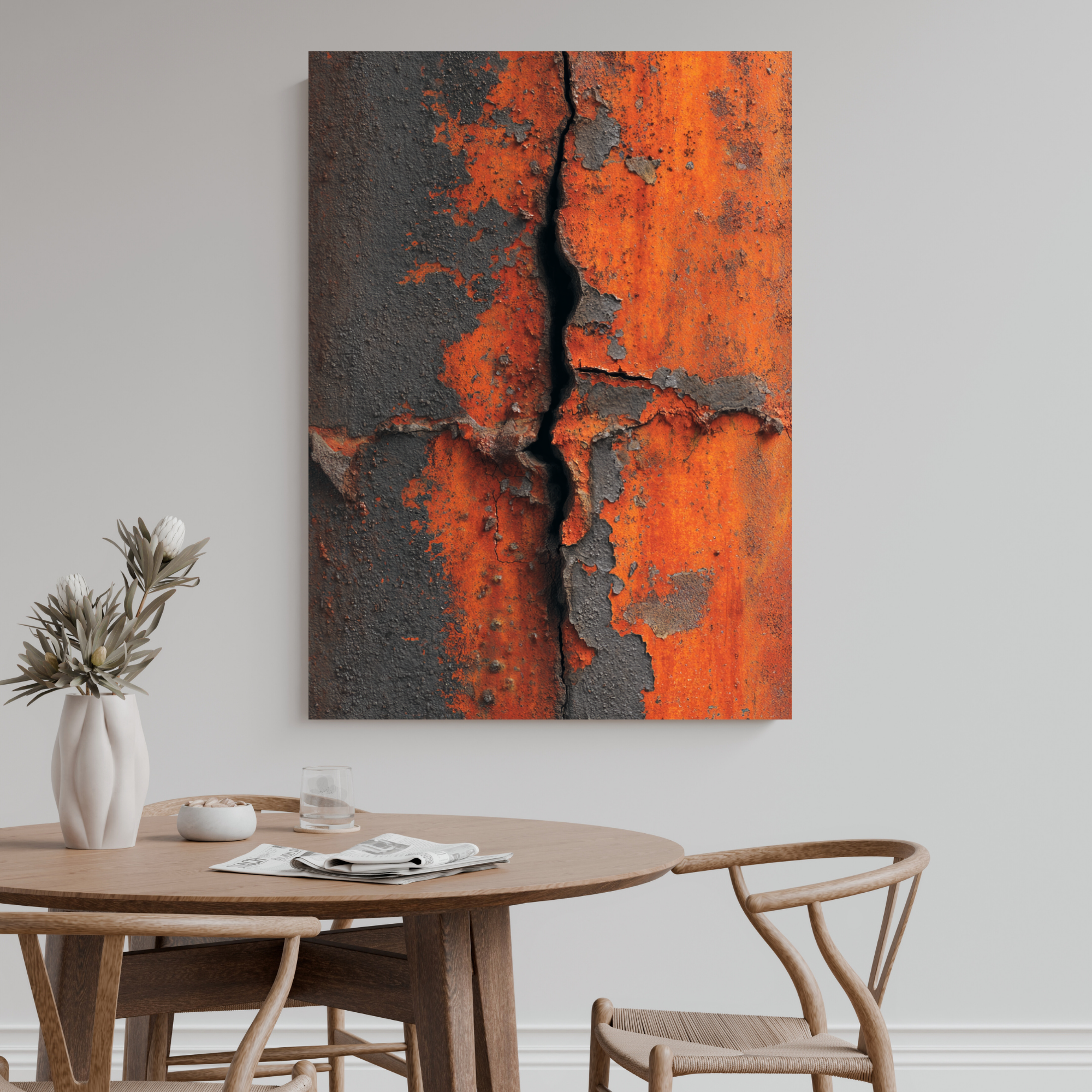 Burnt Rust Vertical Crack Canvas Art – Industrial Metal Wall Decor – Textured Modern Loft Artwork