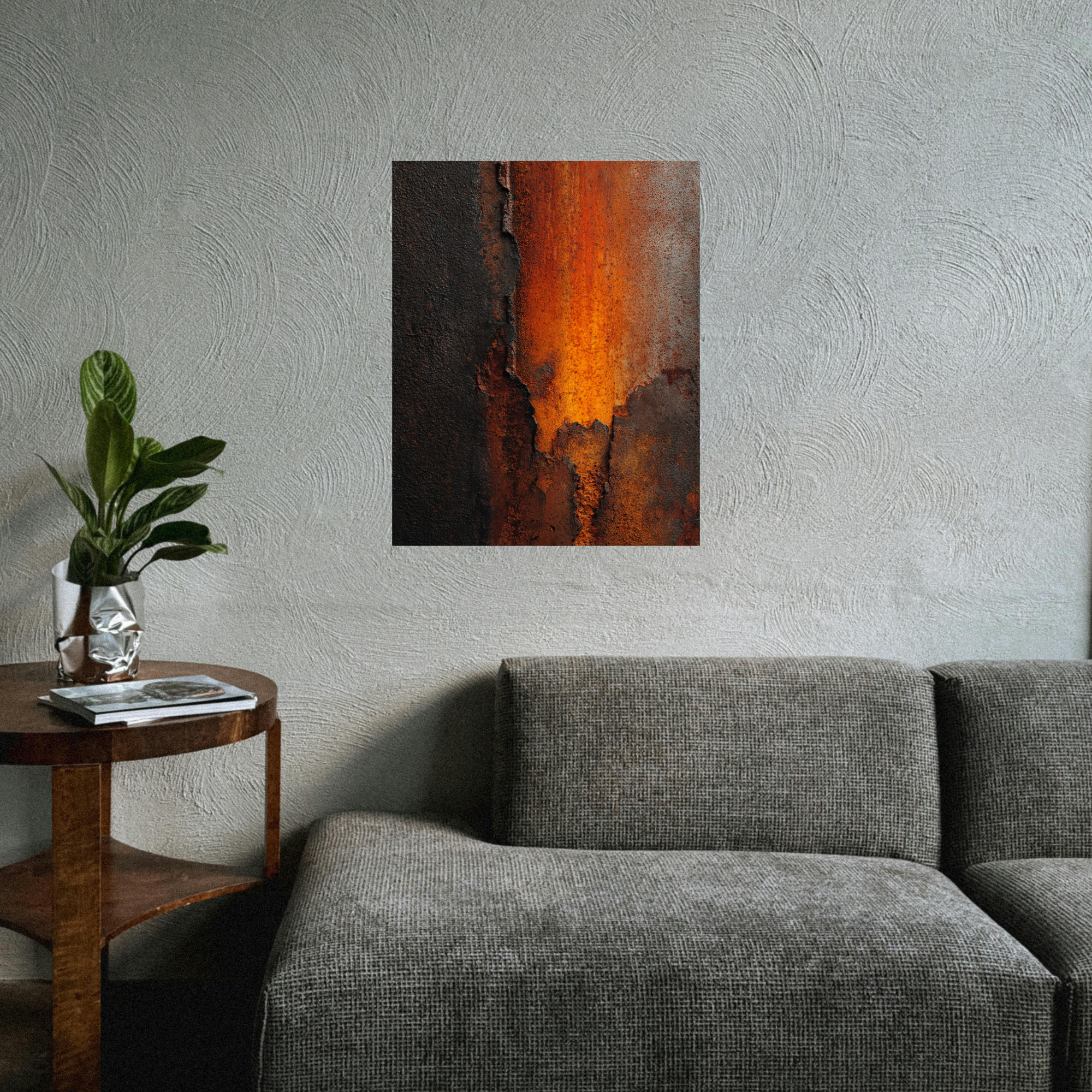 Burnt Rust Industrial Canvas Art – Vertical Oxidized Metal Wall Decor – Modern Loft Texture Artwork