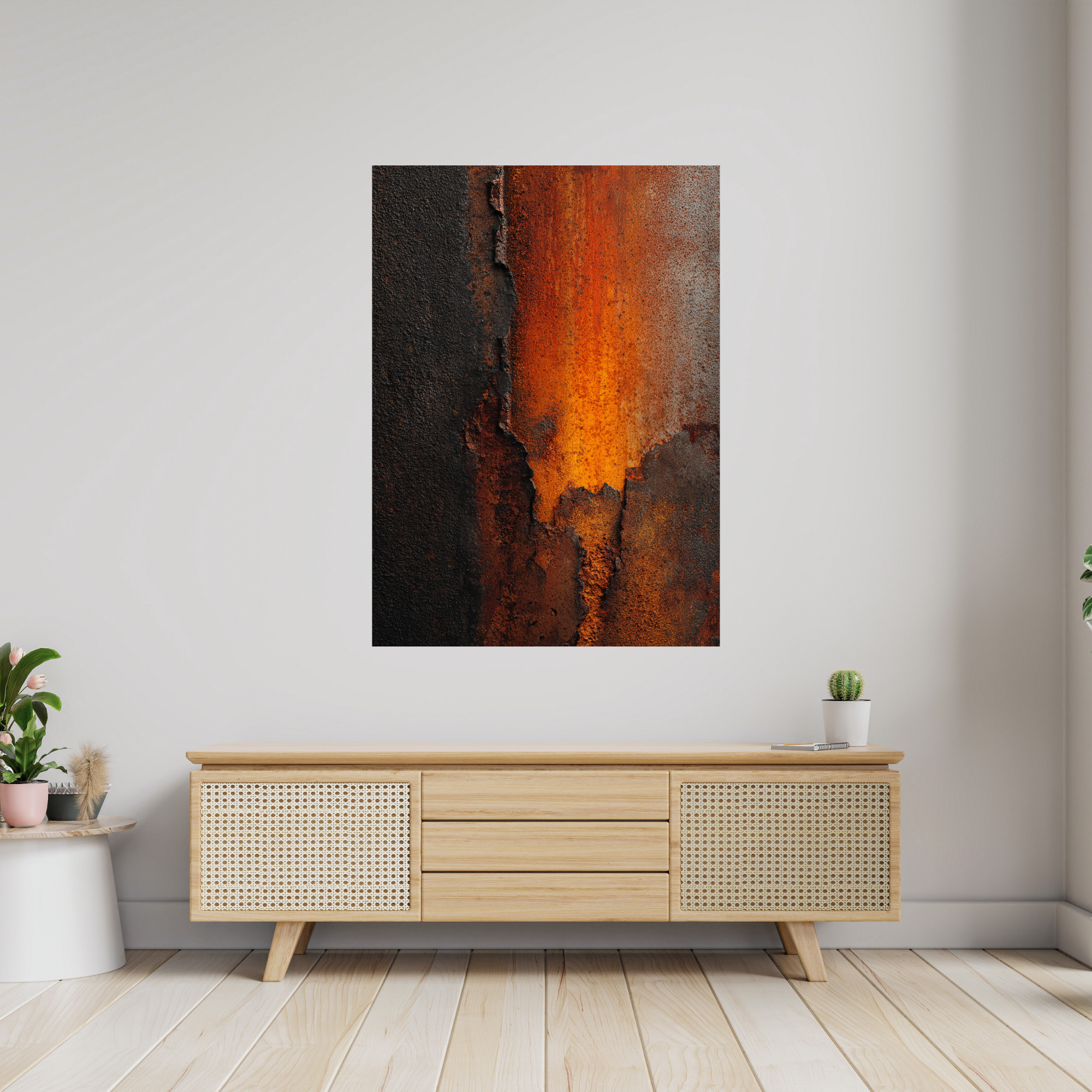 Burnt Rust Industrial Canvas Art – Vertical Oxidized Metal Wall Decor – Modern Loft Texture Artwork