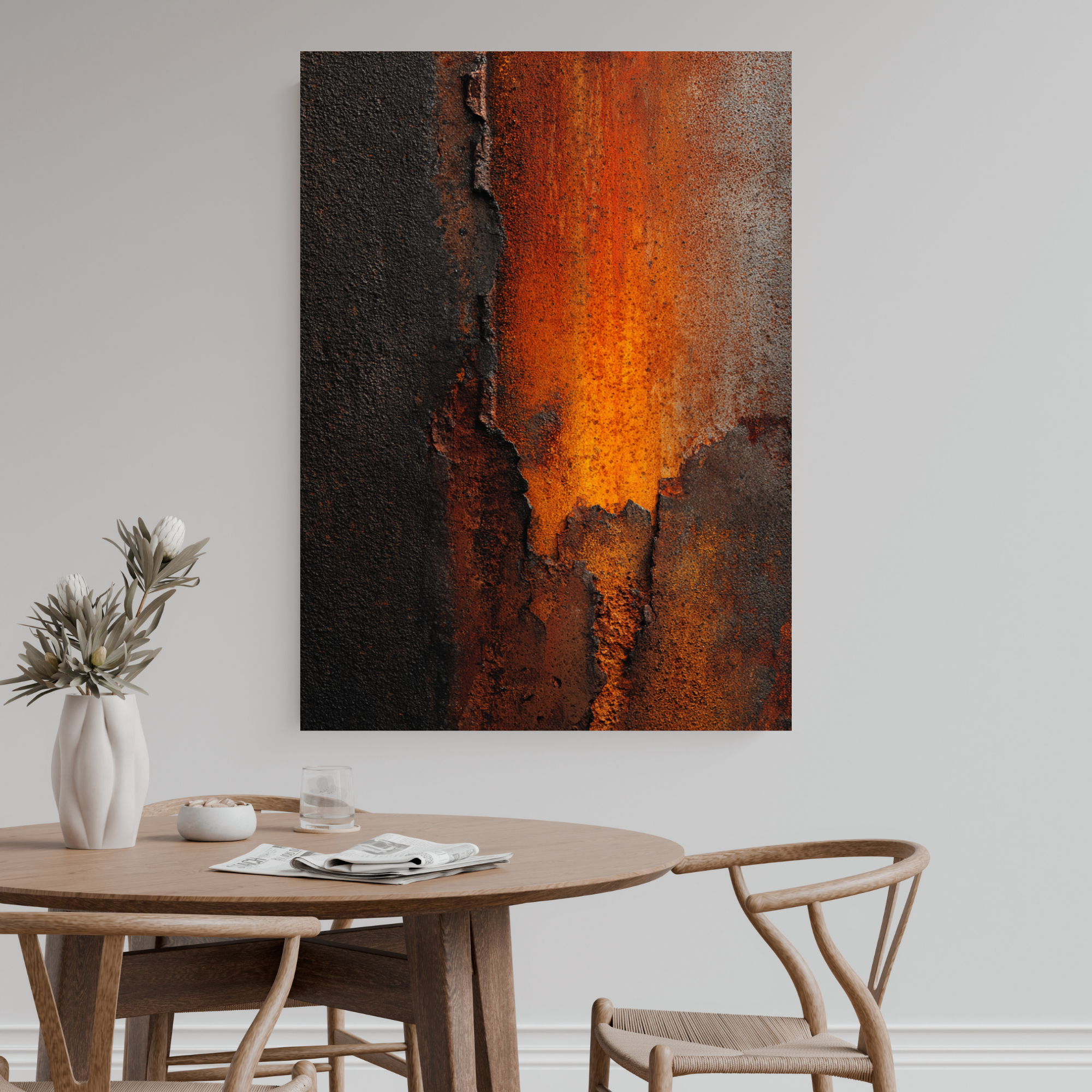 Burnt Rust Industrial Canvas Art – Vertical Oxidized Metal Wall Decor – Modern Loft Texture Artwork