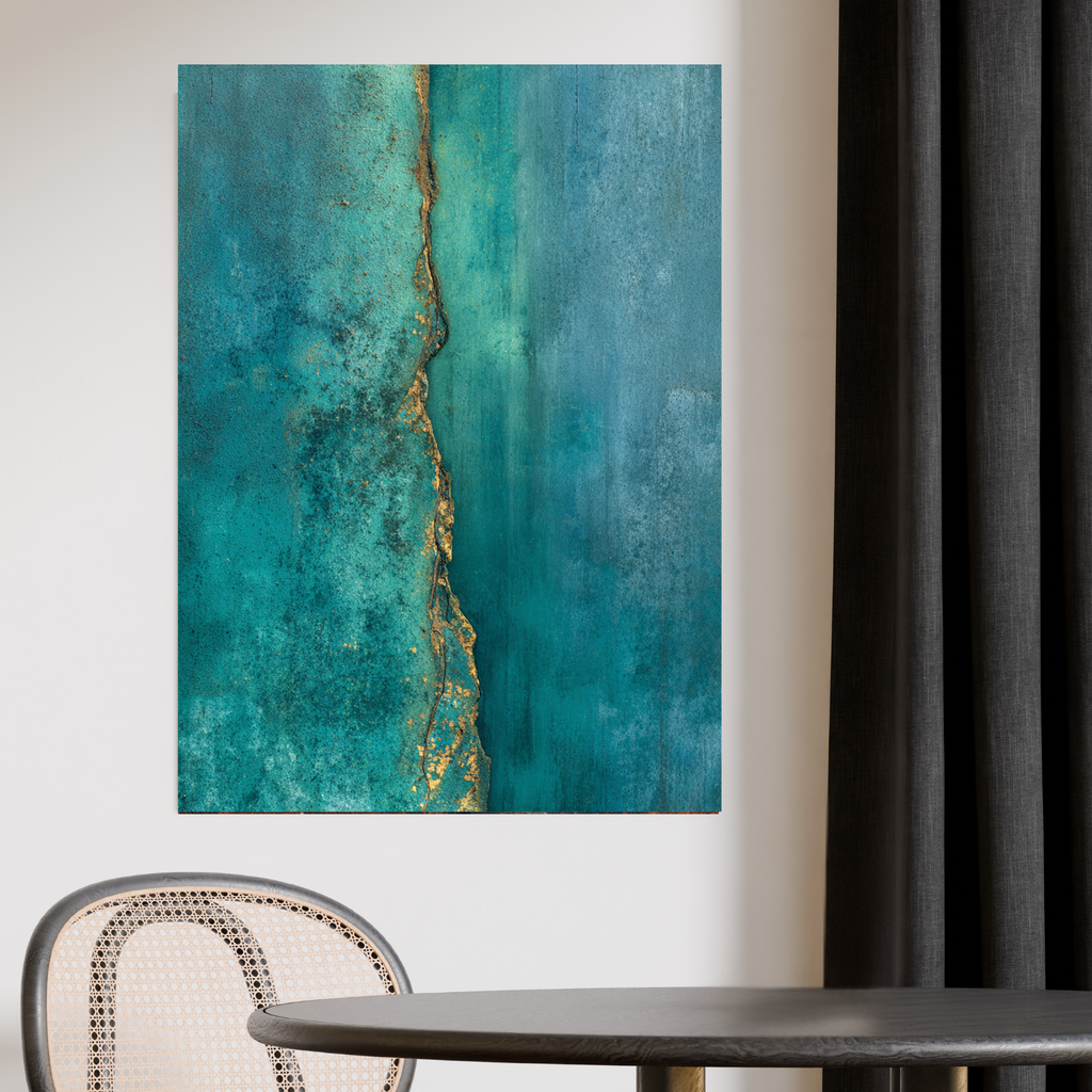 Teal Patina Vertical Crack Canvas Art – Industrial Rust Texture Wall Statement