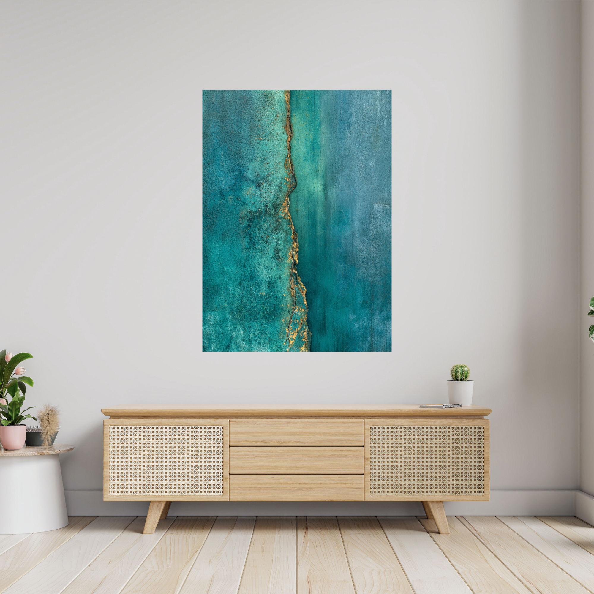 Teal Patina Vertical Crack Canvas Art – Industrial Rust Texture Wall Statement