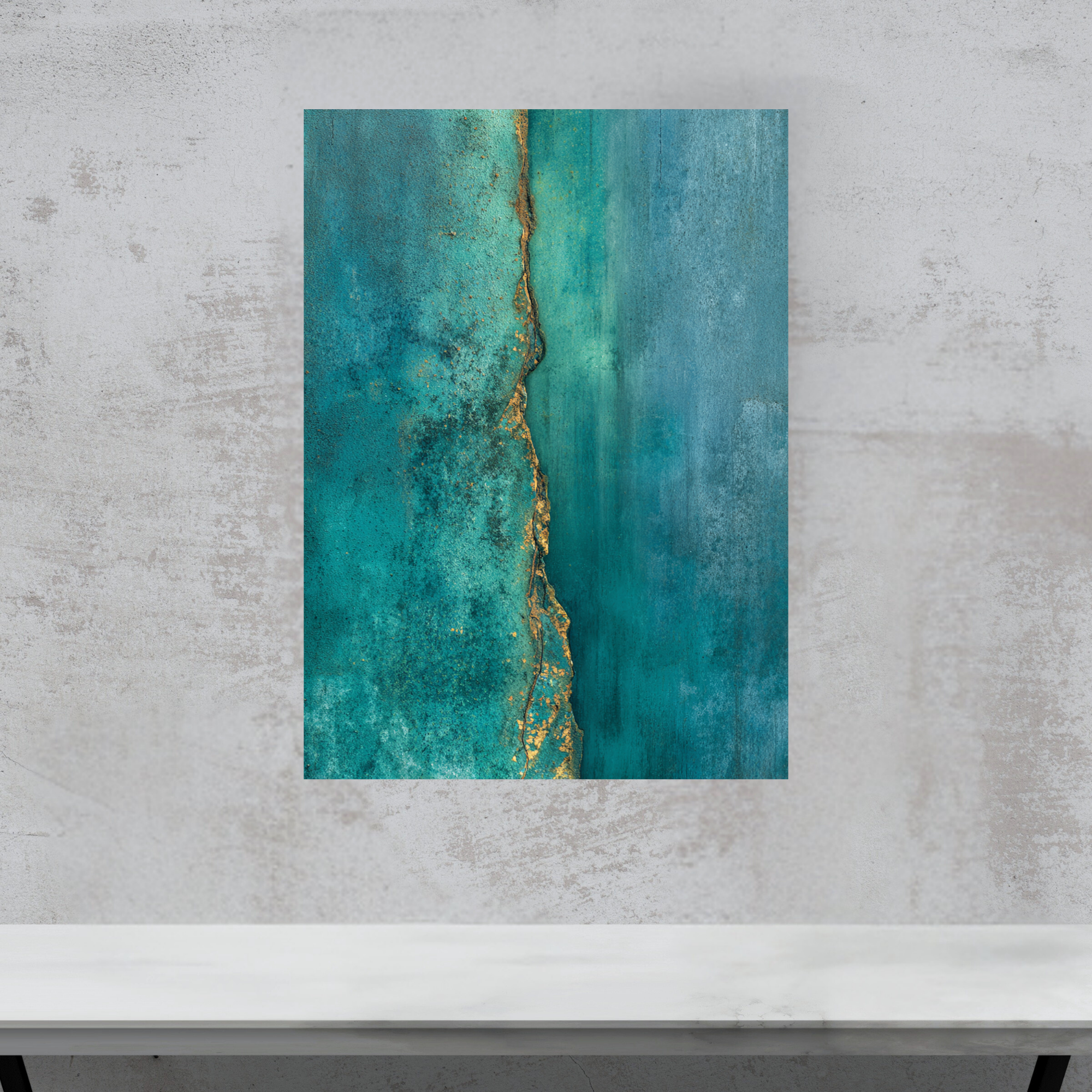 Teal Patina Vertical Crack Canvas Art – Industrial Rust Texture Wall Statement
