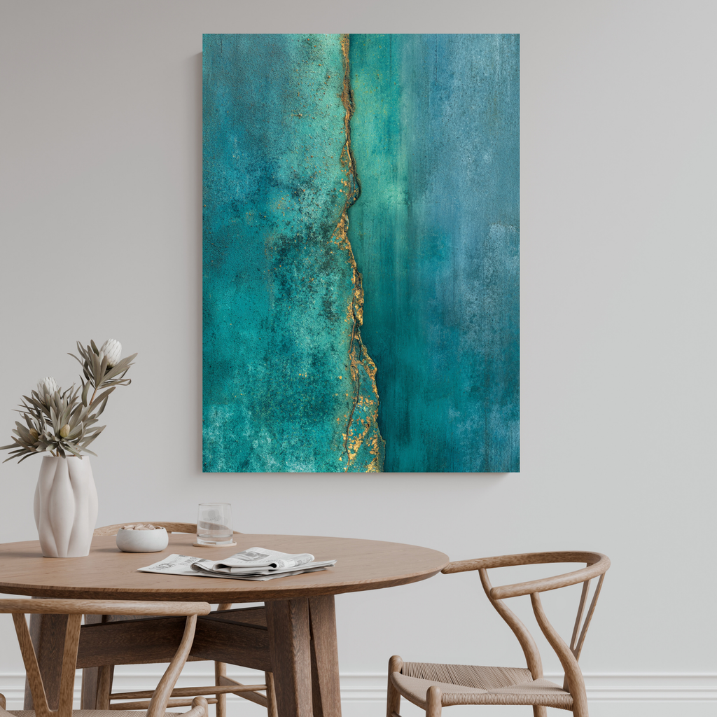 Teal Patina Vertical Crack Canvas Art – Industrial Rust Texture Wall Statement