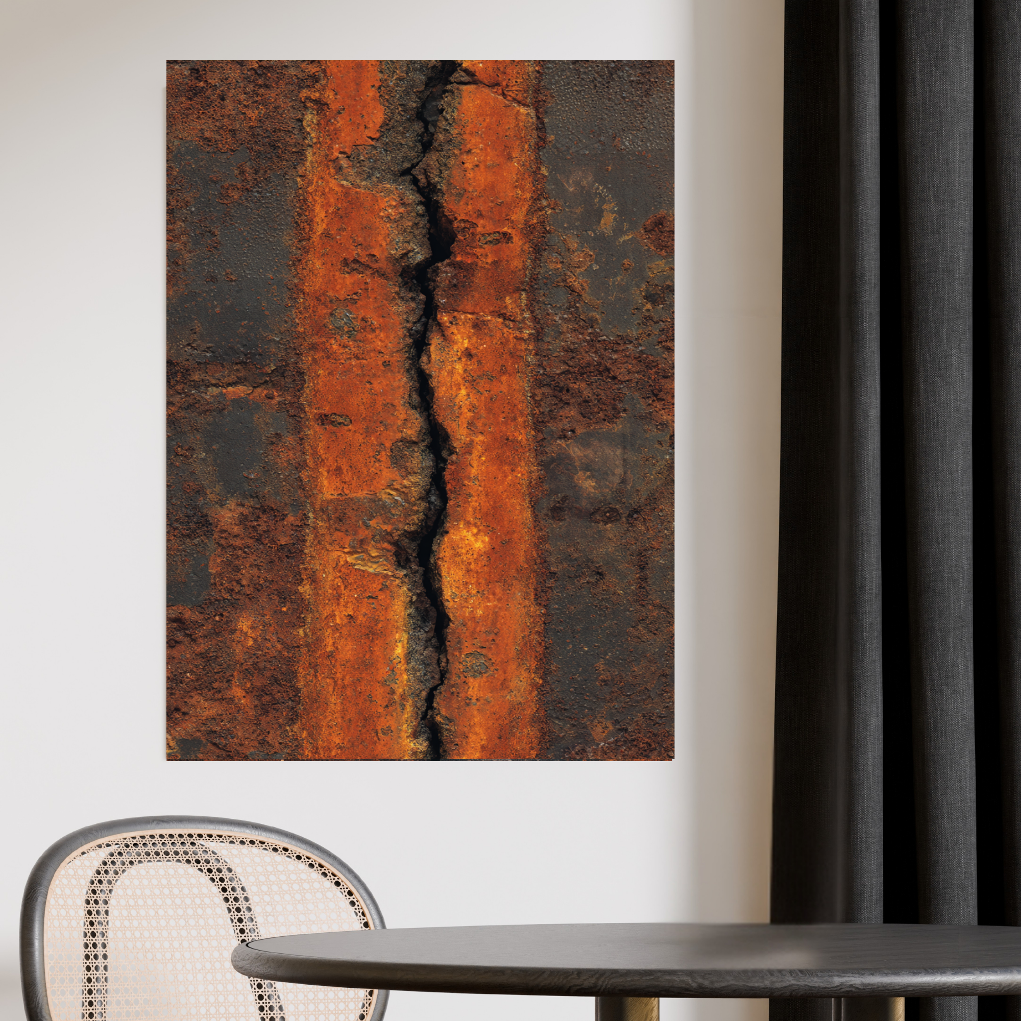 Vertical Crack Rust Canvas Art – Heavy Burnt Orange Industrial Metal Wall Decor – Textured Loft Statement
