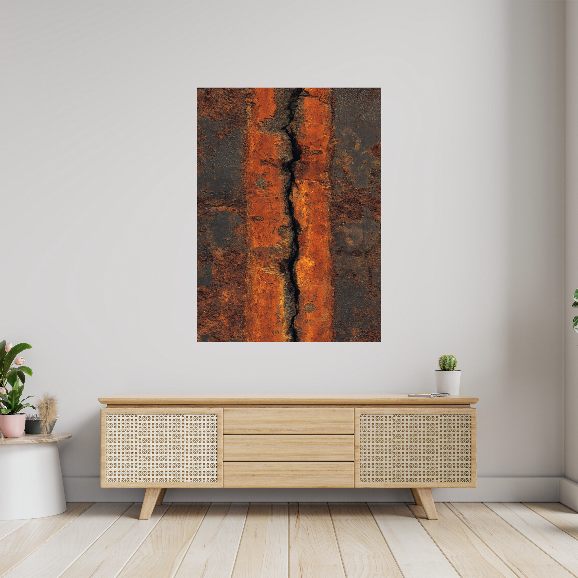 Vertical Crack Rust Canvas Art – Heavy Burnt Orange Industrial Metal Wall Decor – Textured Loft Statement