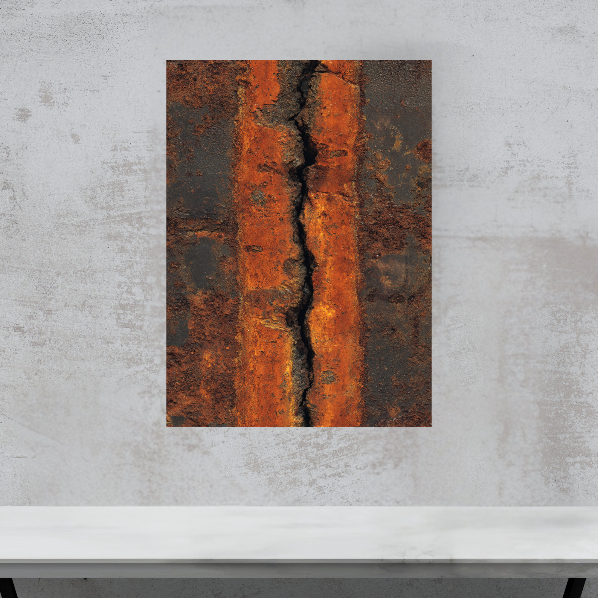 Vertical Crack Rust Canvas Art – Heavy Burnt Orange Industrial Metal Wall Decor – Textured Loft Statement