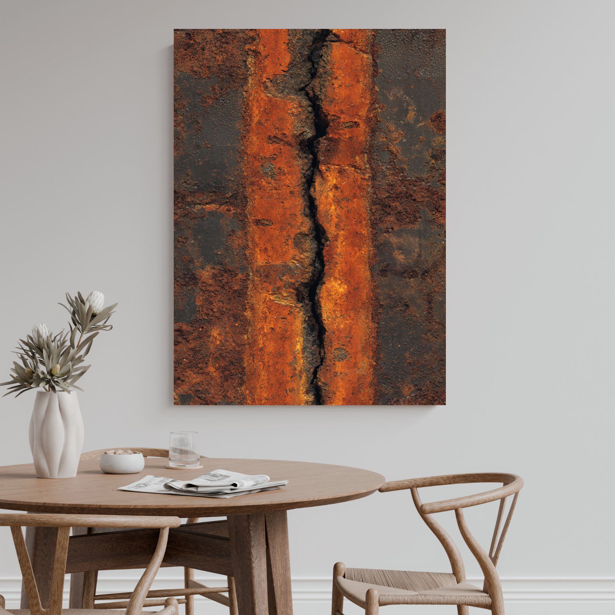 Vertical Crack Rust Canvas Art – Heavy Burnt Orange Industrial Metal Wall Decor – Textured Loft Statement