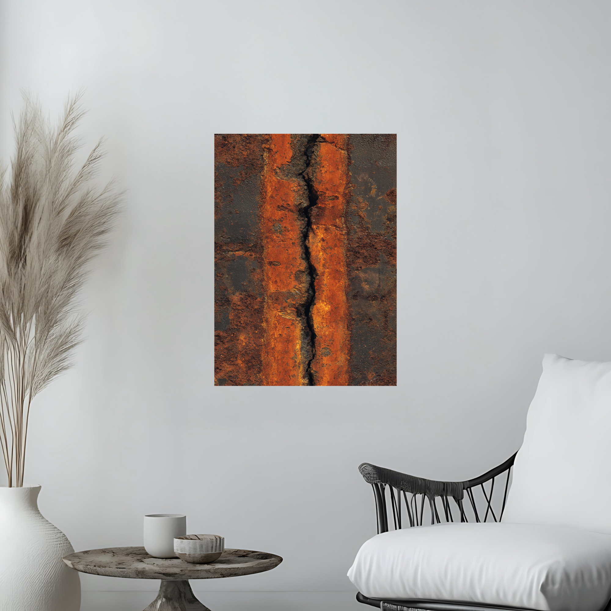 Vertical Crack Rust Canvas Art – Heavy Burnt Orange Industrial Metal Wall Decor – Textured Loft Statement