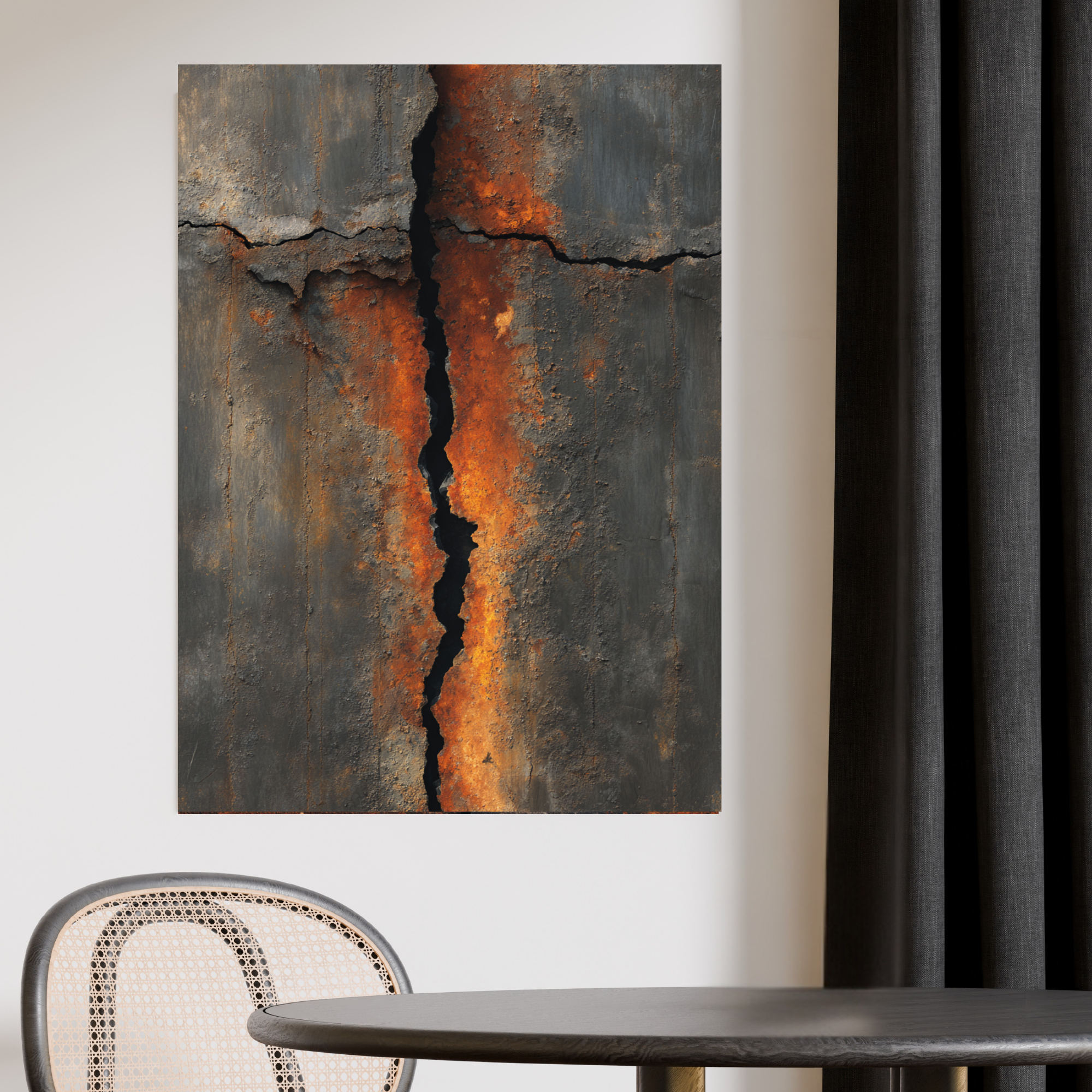 Vertical Crack Industrial Canvas Art – Burnt Rust Metal Wall Decor – Dramatic Textured Loft Artwork