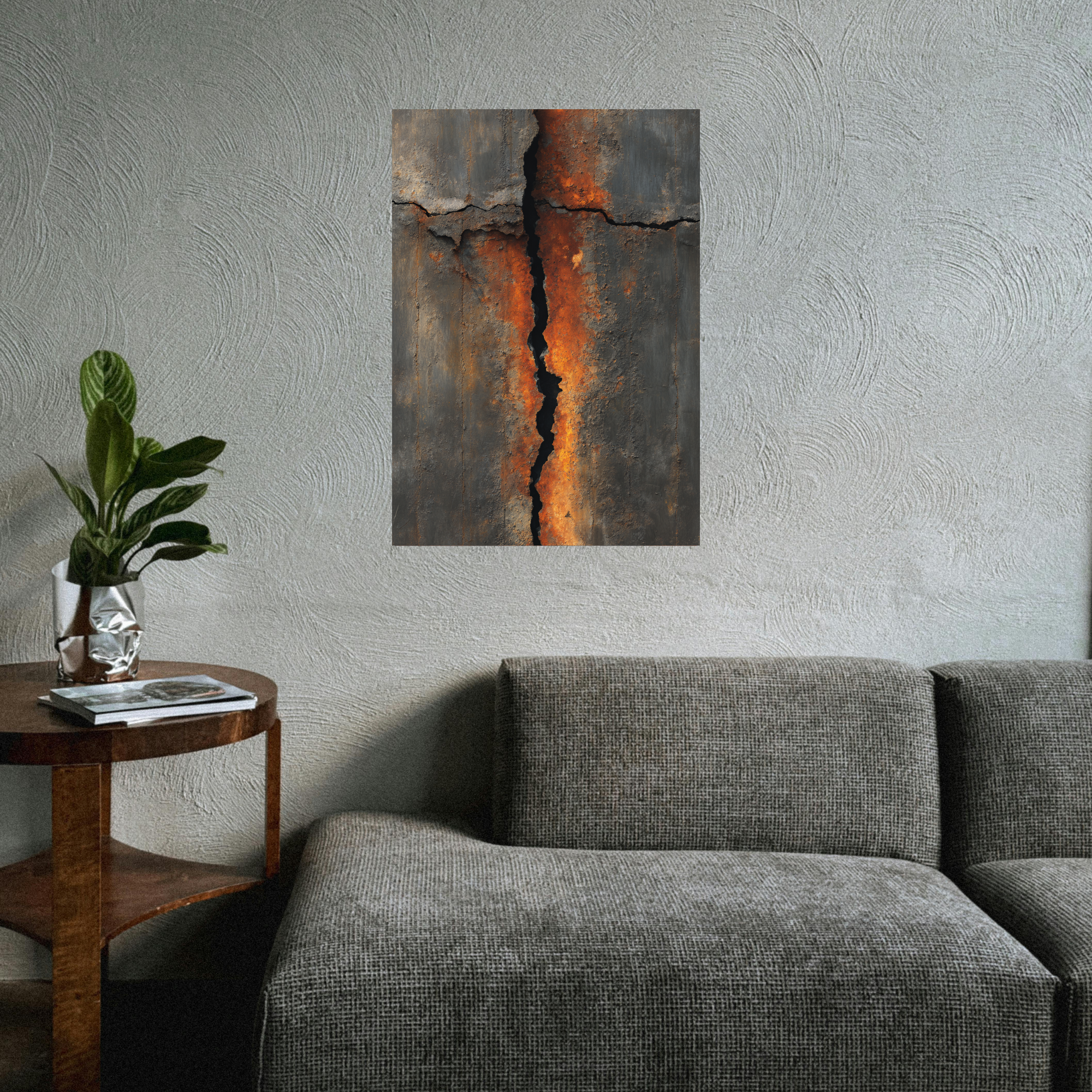 Vertical Crack Industrial Canvas Art – Burnt Rust Metal Wall Decor – Dramatic Textured Loft Artwork