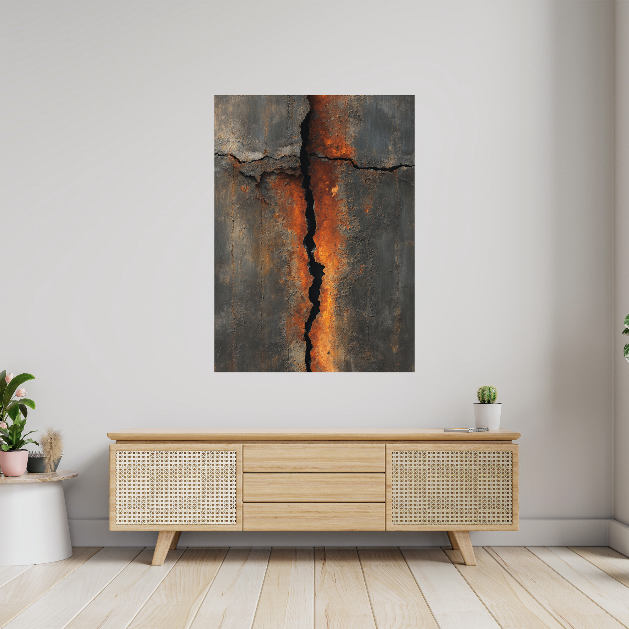 Vertical Crack Industrial Canvas Art – Burnt Rust Metal Wall Decor – Dramatic Textured Loft Artwork
