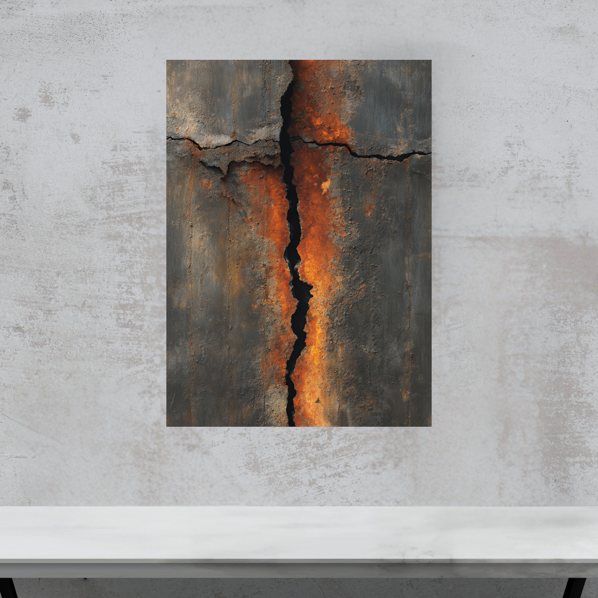 Vertical Crack Industrial Canvas Art – Burnt Rust Metal Wall Decor – Dramatic Textured Loft Artwork