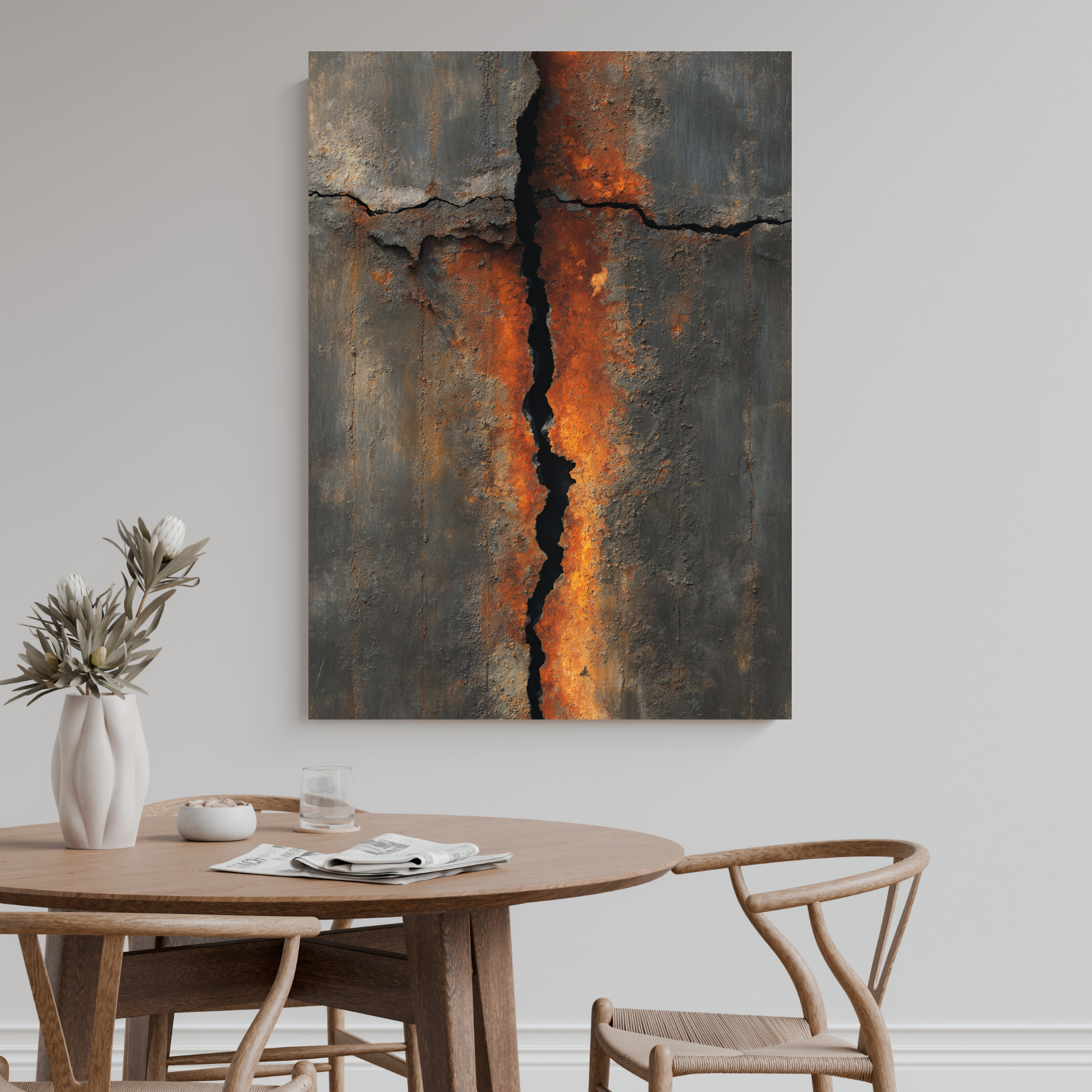 Vertical Crack Industrial Canvas Art – Burnt Rust Metal Wall Decor – Dramatic Textured Loft Artwork