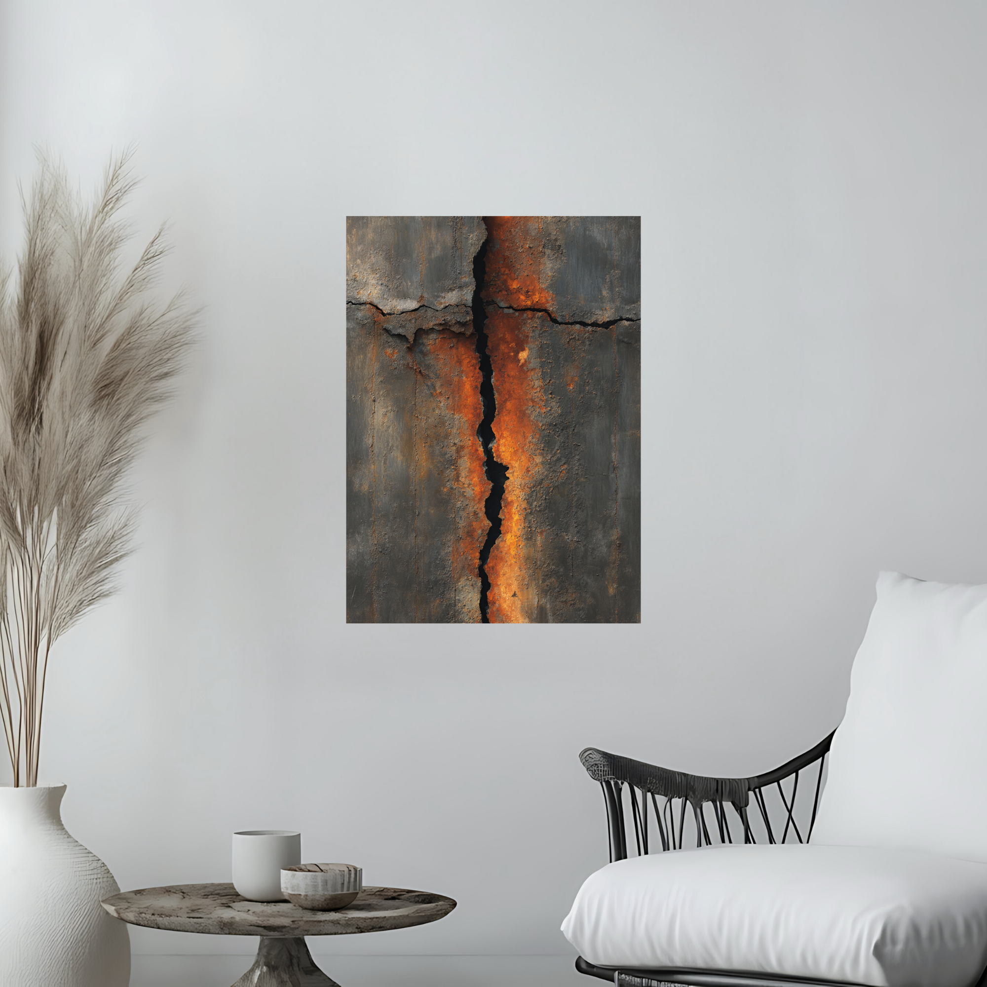 Vertical Crack Industrial Canvas Art – Burnt Rust Metal Wall Decor – Dramatic Textured Loft Artwork